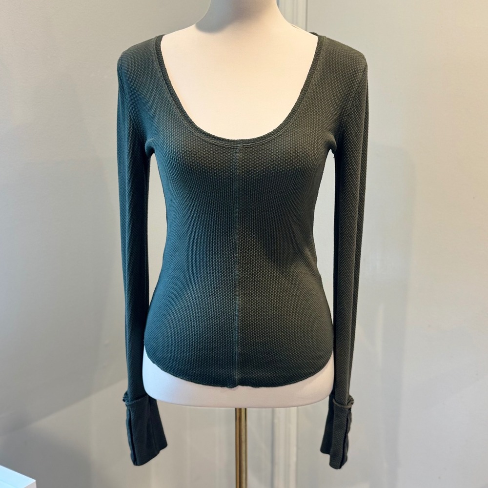Free People (We The Free) Army Green Dark Side Thermal Waffle Knit Top | Size S
